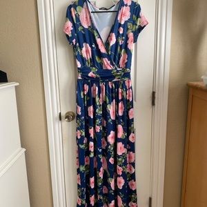 Blue maxi dress with pink floral pattern